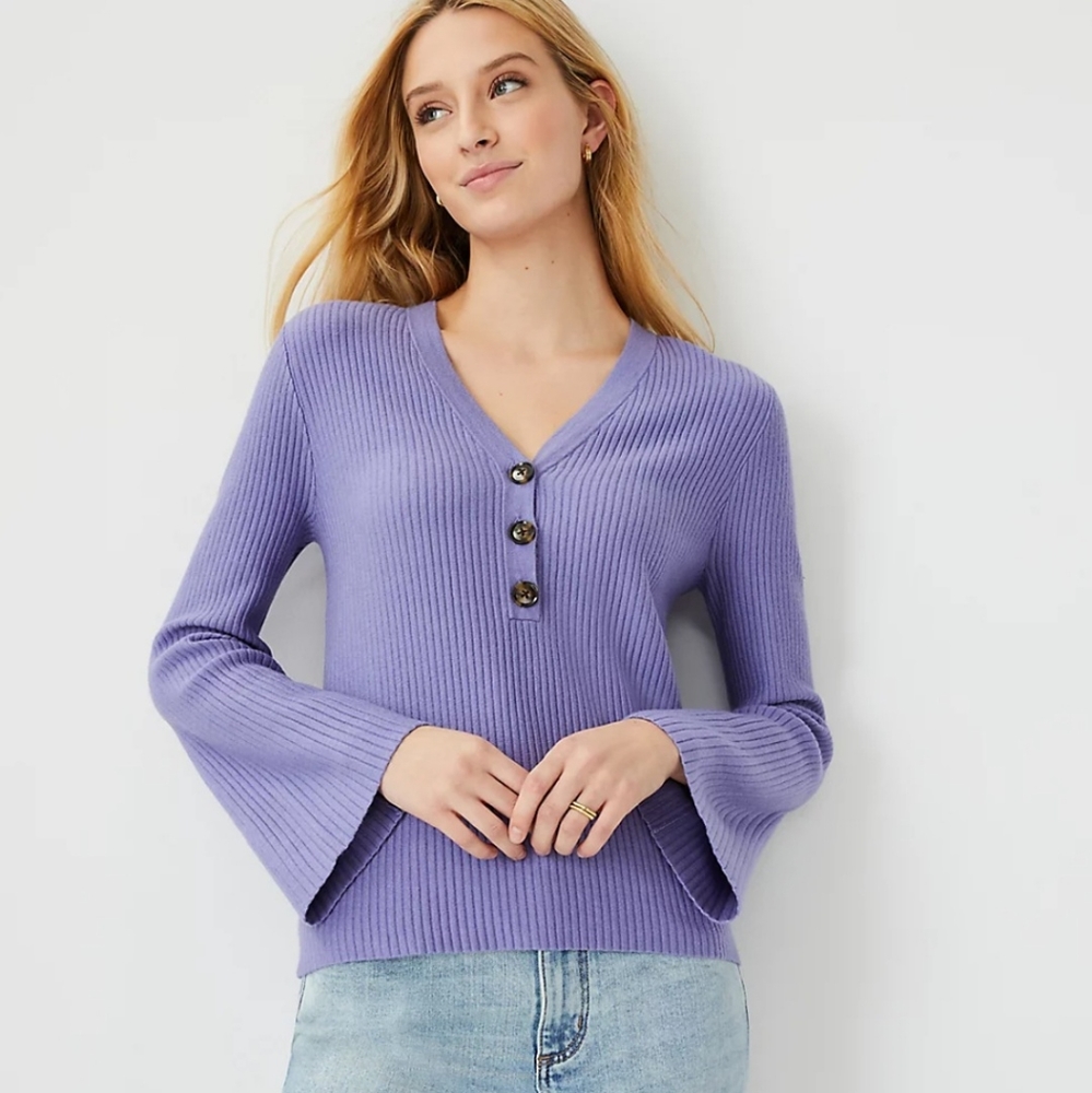 Ann Taylor Ribbed Henley Sweater Purple Lavender Medium